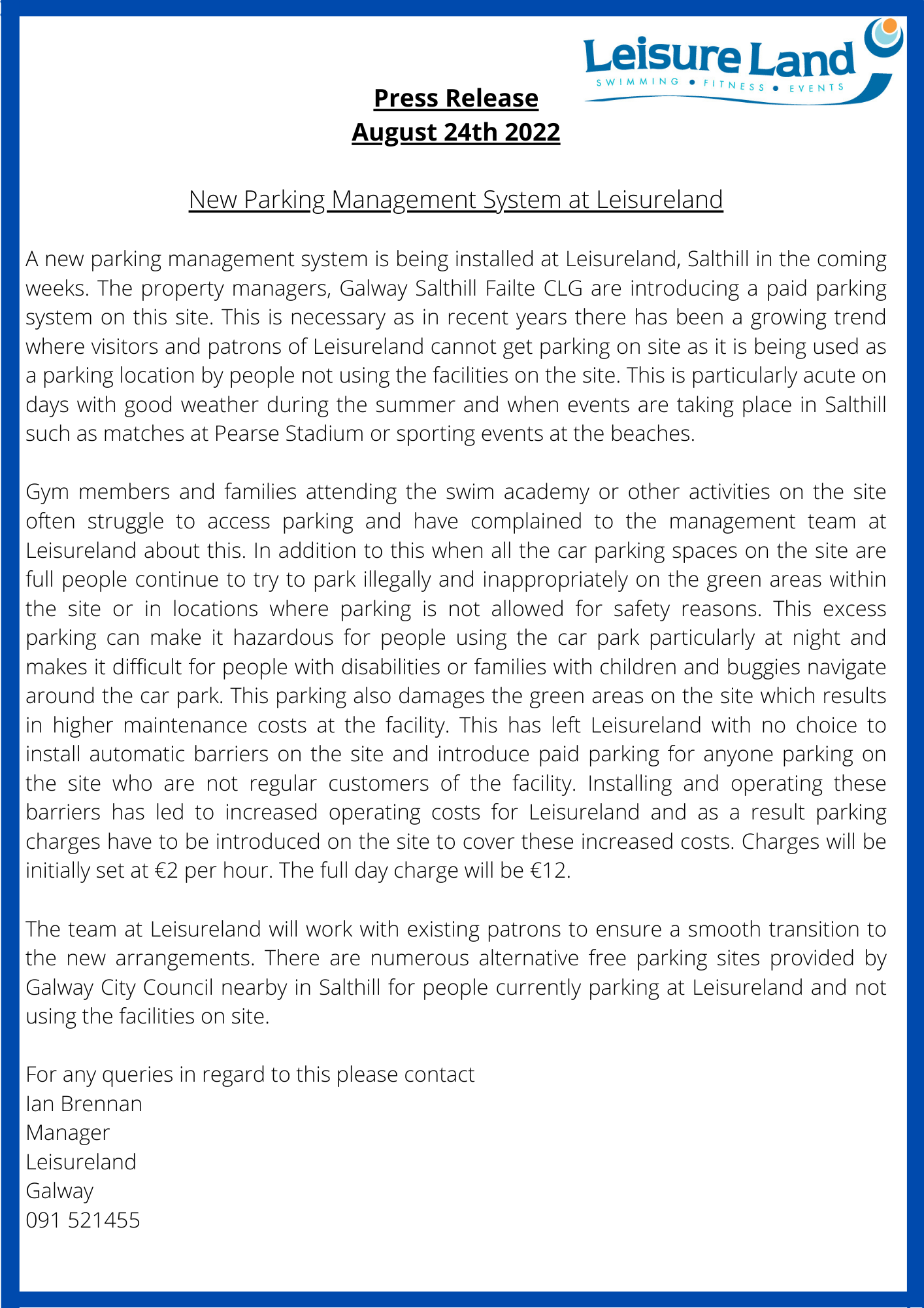 Press release re parking charges Press release re parking charges